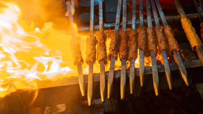 Chicken seekh kebabs being grilled in Old Delhi